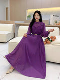 Fongt 2025 New Sweet Bow Heavy Industry Waist Display Thin Folding Solid Color Chiffon Long Sleeve Dress