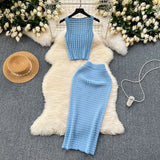 Fongt Kong Style Retro Hottie Suit Women's Summer Short Vest Top With High Waist Half Skirt Knit Two Sets