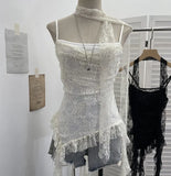 Fongt Lace Splicing Irregular Lotus Leaf Edge Ribbon Sling Vest Round Neck Sexy Sleeveless Top 1218