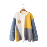 Fongt And Winter Cowboy Sleeve Splicing Bumpy Smiley Face Loose-Fitting Sweater Round Collar Knitted Bottoming Shirt Woman