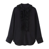 Fongt Women's Summer Folding V-Neck Folding Collar Trim With Chiffon Long-Sleeved Shirt Skirt Suit