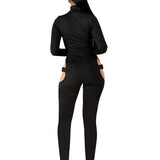 Women Sexy Hollow Out Jumpsuit Romper Spring Fall Sexy Solid Color Turtleneck Long Sleeve Overalls with Release Buckle