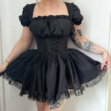 Popular Wrinkle Sweet Bubble Sleeve Collar Dress Summer 2024 Lace Princess Skirt-Outfit