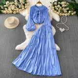 Fongt Style Pink Three-Dimensional Flower Collar Lantern Sleeve Shirt Lady Autumn High-Rise Dress Set