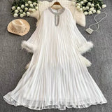 Fongt Elegant Dress Women's Autumn 2025 New Heavy Industry Diamond-Strowing Round Collar Loose Hair Splicing 100-Folded Long Dress