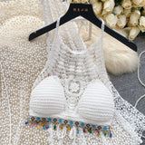 Fongt Wearing A Holiday Style Suit Female Retro Hook Hanging Neck Vest + Hollow Open Shirt + Half-Dress Three-Piece Set