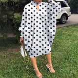 Sundress Women Vintage Hollow Polka Dot Printed Long Sleeve Dress VONDA 2022 Elegant Midi Vestido Elegant Robe