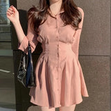 Mini Dress Women Folds Slim A Line Shirts Dress Office Lady Korean Elegant Long Sleeve Simple Casual Chic Vestidos New-Outfit