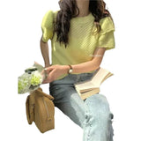 2024 Summer New Oversize Beautiful Korean Sweater Bubble Short-Sleeved T-Shirt Blouse-Outfit