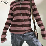 Women Fairy Grunge Knit Basic Shirt Autumn Y2K Grey Black Striped Long Sleeve Round Neck Tops Emo