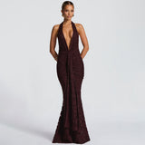 Fongt New Women's Sexy Deep V-Low Backpack Skirt With Folded Fishtail Dress