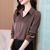 Spring Shirt Women Long Sleeve Satin Fashion Solid Ladies Tops Blouse Single-breast Button Chiffon Turn-down Collar