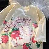 Cartoon Rabbit Strawberry Fruit Print T Shirts Student Girls Kawaii Tee High Quality Cotton Summer Short Sleeve Casual Tops-Outfit
