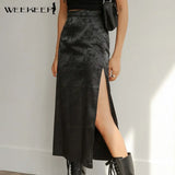 Vintage Floral Print Satin Midi Skirts Women Side Split Sexy High Waist Skirts Summer Retro Black Casual Outfits