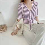 New 2022 Chic Striped Korean Fashion Zipper Cardigans Knitted Women Summer V-Neck Vintage Elegant Lady Tops