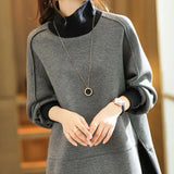 Streetwear Loose Solid Color Stylish Asymmetrical Split Pullovers Spring Autumn Turtleneck Patchwork Korean Sweatshirts-Outfit