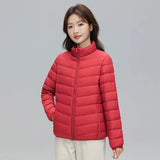 2023 Autumn And Winter New Light Down Jacket Female Short 90 White Duck Down Standing Collar Show Thin Casual Large Size Coat Tide-Outfit
