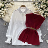 Fongt Style Suit Women's Casual Long-Sleeved Shirt + Waist V-Neckless Knitted Vest Two-Piece Set