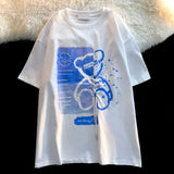 Hop Sky Blue Creative Bear Drawstring Graphic T Shirts Kawaii Clothes Korean Fashion Oversized Short Sleeve Tops 2023