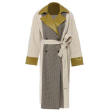 Fongt New British Wind Splicing Colliding Color Leather Lattice Long Wind Coat Coat Women 1598