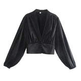 Women V Neck Black White Color Short Smock Blouse Female Lantern Sleeve Slim Court Shirts Chic Pearl Buttons Tops