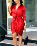 V-neck Lace-up Solid Color Long Sleeve