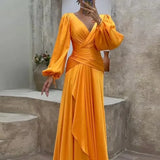 Fongt Summer New Cross Close Waist Fold Long Sleeve Temperament Show Thin Dress-Outfit