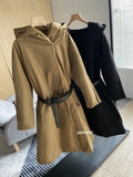 Luxury Winter Suit Collar Hooded Puffer Windbreaker Jacket Women Sash Tie Up Slim Fit Thickened Over The Knee Down