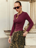 Buttoned Long Sleeve Solid Top-Outfit
