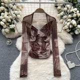 Fongt Girls Tie-Dye Mesh Jersey Long-Sleeved T-Shirt Girl Thin Perspective Temperament Fashion Folding Top