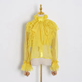 TWOTWINSTYLE Perspective Tops Female Bowknot Flare Long Sleeve Ruffle Shirt Blouse Women Korean Fashion Clothes 2020