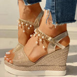 New Women Wedge Sandals Summer Bead Studded Detail Platform Sandals Buckle Strap Peep Toe Thick Bottom Casual Shoes
