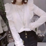 Women's Clothing Off Shoulder Shirt Spring Autumn Fashion Lace Spliced All-match Long Sleeve Korean O-Neck Solid Color Blouse-Outfit