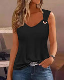 Fongt Summer Fashion Sexy Simple Metal Button V-Neck Sleeveless Women's Solid Color Sweet