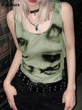 Dark Harajuku Square Neck Ribbed Gothic Tank Tops For Women Print Grunge Y2k Sexy Crop Top Green Summer Fashion