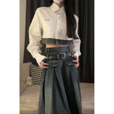 Simple Lapel Neck White Long Sleeve Shirts Women+ Y2k E-Girl High Waist Denim Skirts 2024 Autumn New Two Piece Sets-Outfit