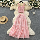 Fongt Fairy Vacation Wearing Women's Summer Dress Pure Desire Elastic Sling Sling Vest Hollow Embroidered High-Rise Half-Schamin Dress Suit