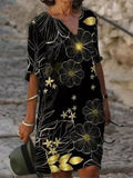 Floral Print Fashion Slim V-Neck Half Sleeve Midi