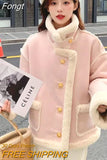 Lambs Wool Coat Women Turtleneck Sweet Pink Winter Faux Fur Outwear Fluffy Thick Padded Warm Korean Jacket Female