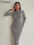 Women's Elegant Solid O-neck Patchwork Maxi Dress Full Long Sleeves Body-shaping Robe Lady Evening Attirewear Vestidos-Outfit