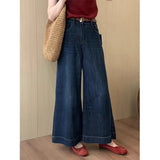 Fongt Kong Wind Dark Blue High-Waisted Horn Nine-Point Jeans Women 2025 Autumn Small Loose Thin Broad Leg Pants