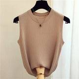 New Fashion Female Sleeveless Casual Thin Tops Ice Silk Knitted Vests Women Tops O-neck Solid Tank White Black Tops