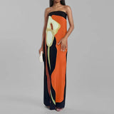 Fongt New Women's Fashion Sleeveless Shoulder Avant-Garde Sexy Bareback Print Dress