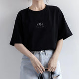 Fongt Sleeve Korean Round Collar T-Shirt Female 2024 Summer Loose Plant Print Casual Solid Color Student Half Sleeve Top