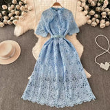 Fongt Retro High-End Squealing Hook Lace Dress Women's Summer Waist Thin Temperament A-Word Fairy Dress