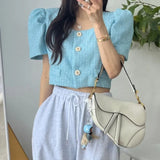 Ropa Mujer Puff Short Sleeve Chaqueta Mujeres Square Collar Jacket Woman Single Breasted Jackets Spring Summer Outwears-Outfit