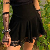 Basic Versatile Stretchy High-waisted Lace Stitching Short Skirt Casual Vintage Harajuku Women 2020 Black Mini