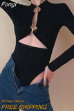 Bodysuit y2k Clothes Bandage Sexy Solid Color Long Sleeve Slim Hollow Out Romper with Metal Ring for Spring Fall