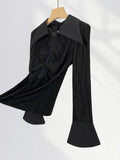 Fongt Earth Wind Unique Top Show Waist Short Black POLO Pointed Collar Draw Rope Horn Sleeve Shirt Forest Witch Wear-Outfit