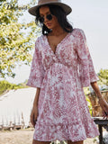 Beach Boho Summer Dress For Women 2022 Elegant V Neck Ruffle Printed A-Line High Waist Dress Sexy Holiday Female